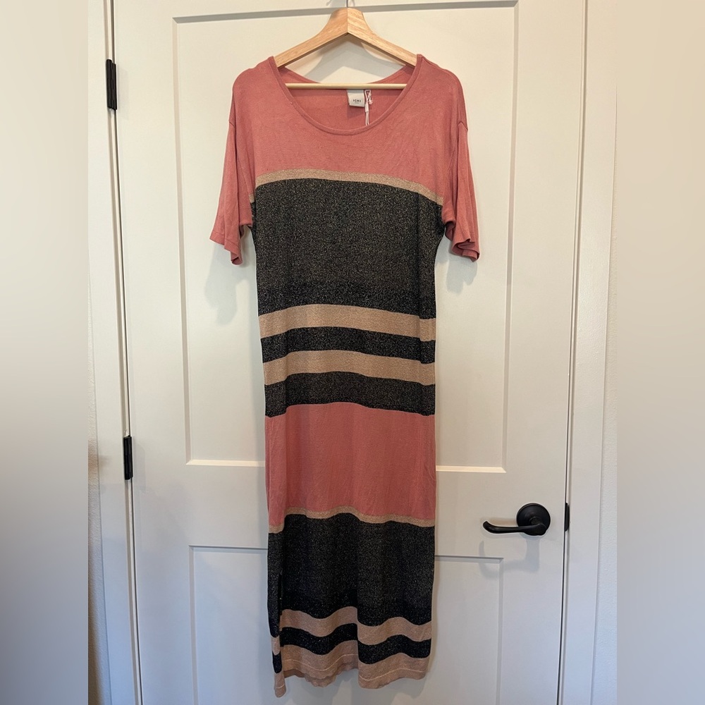 ICHI stripped black pink sparkle bodycon midi short sleeve preppy dress Sz L